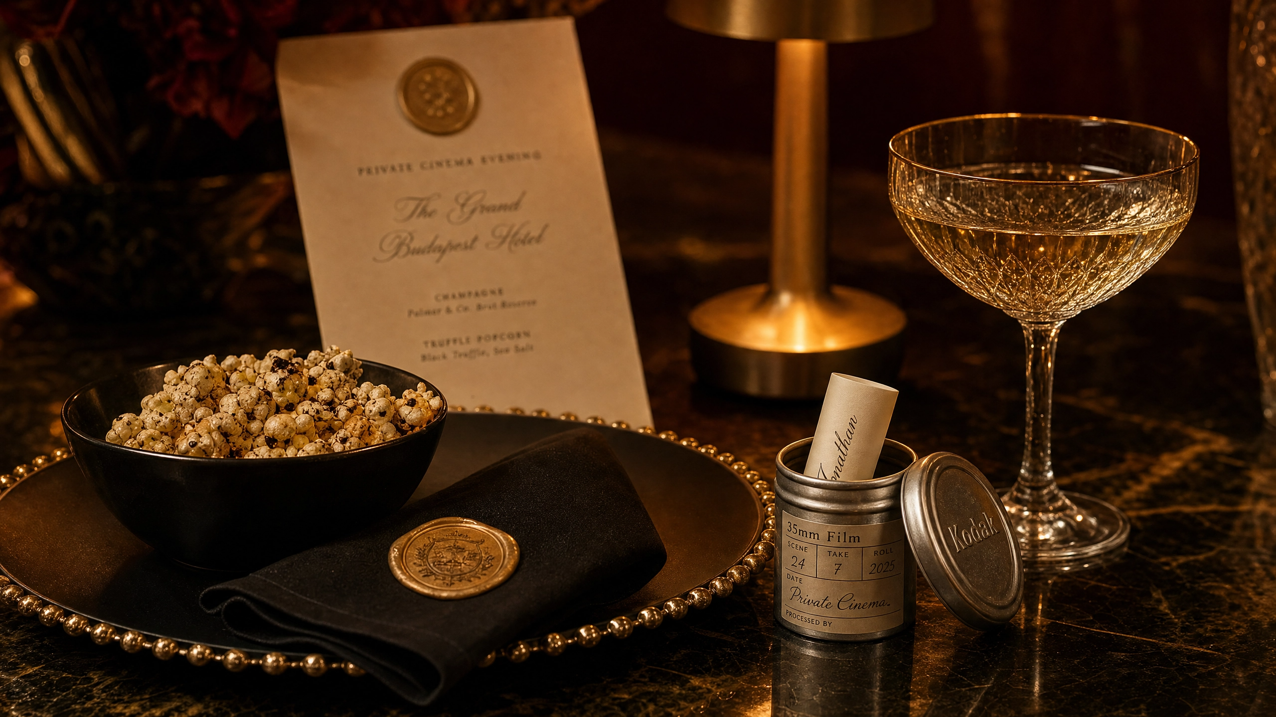 Gourmet truffle popcorn accompanies champagne before the screening begins.
