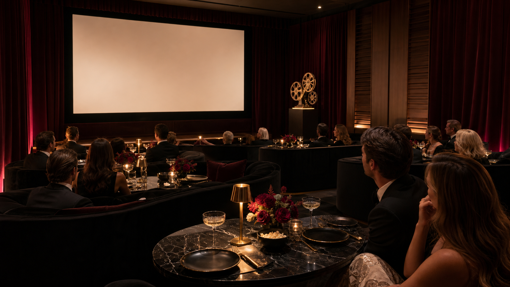 Guests settle into the Private Cinema for the evening's feature presentation.