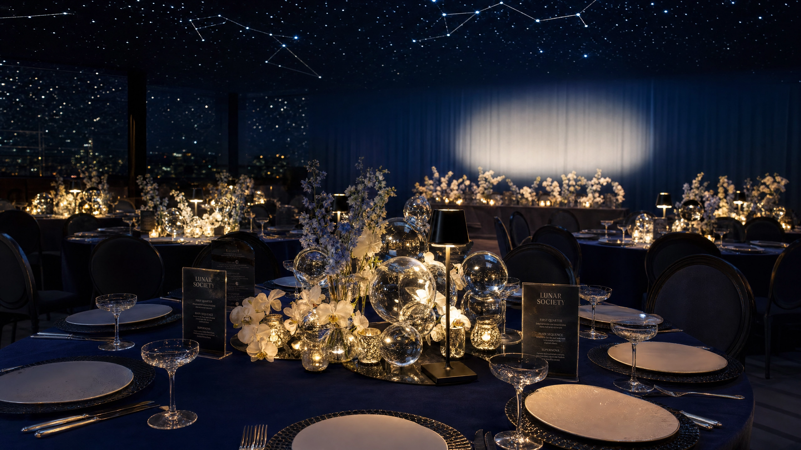 Each dining table is thoughtfully styled for the multi-course dinner.