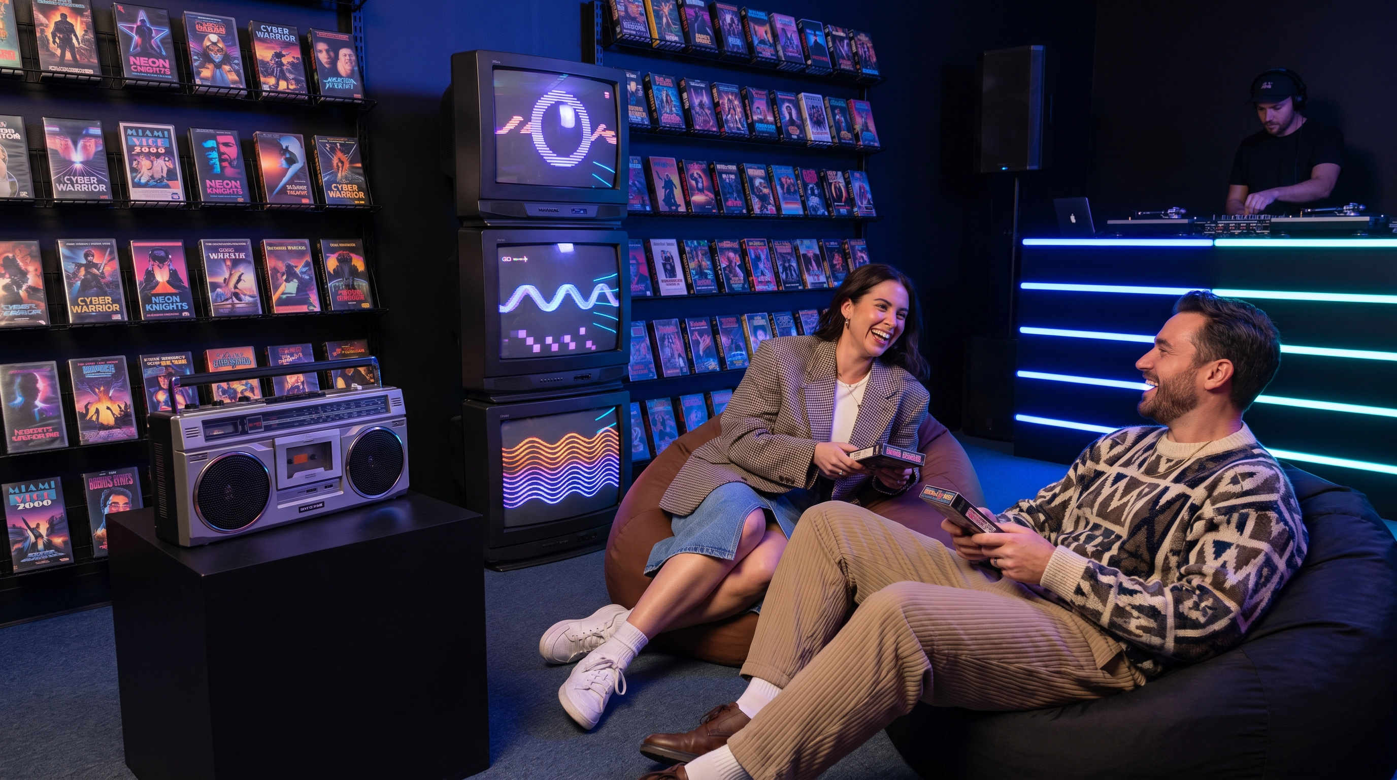A wall of iconic ‘90s VHS titles serves as the centerpiece of the VHS Lounge.