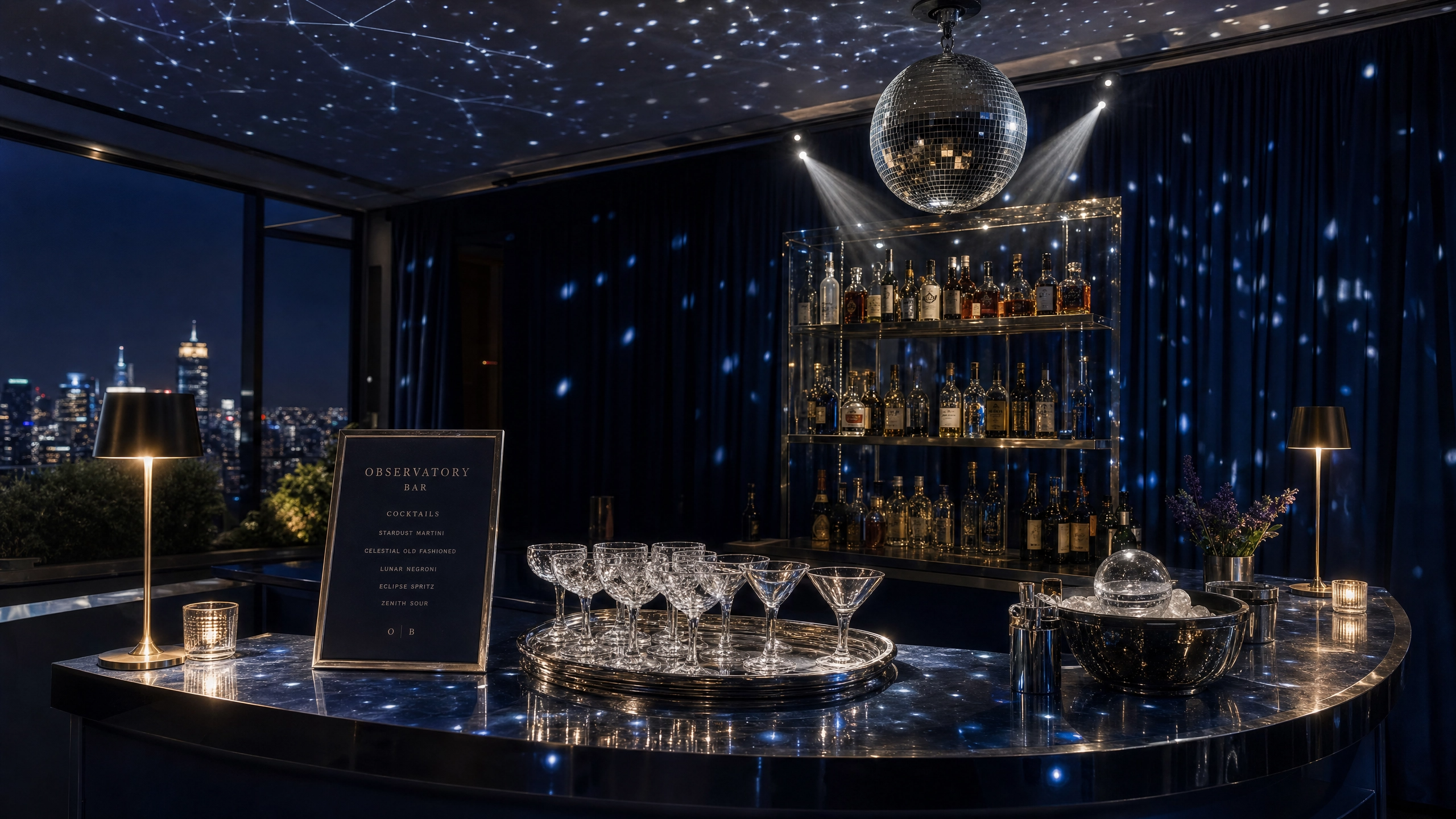 Moonlit details and celestial accents give the Observatory Bar its signature look.
