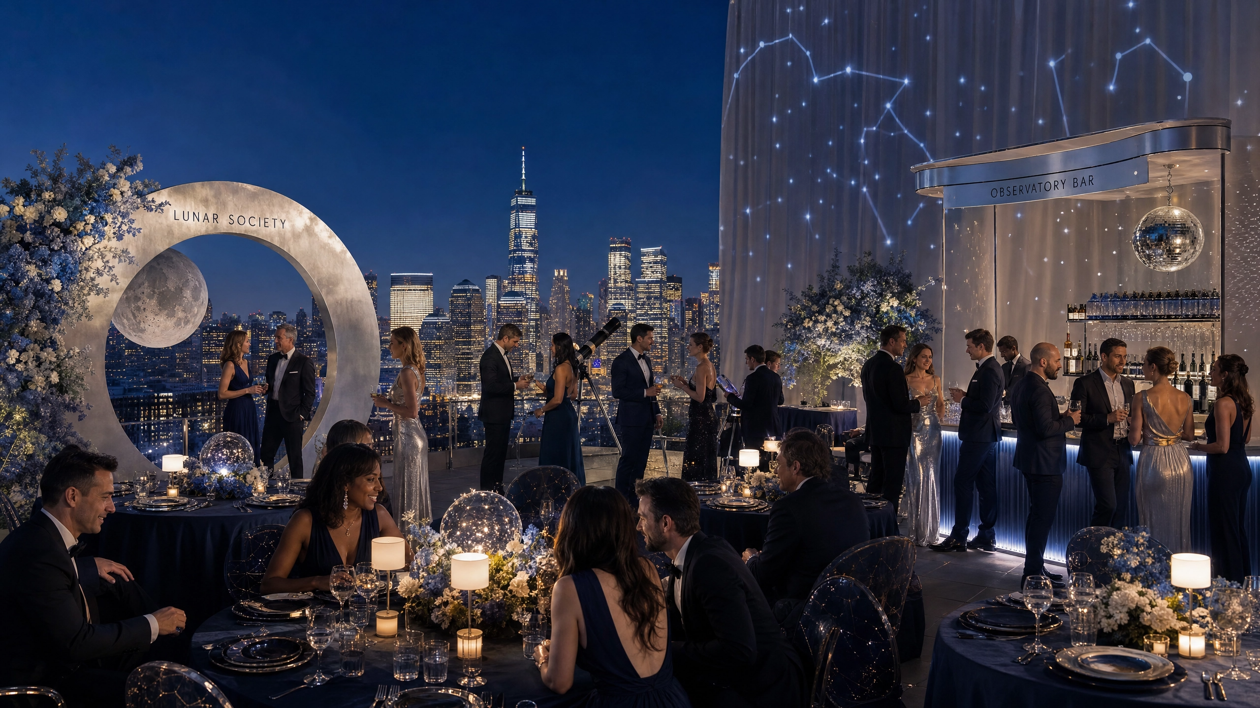 Round dining tables and celestial decor create an elegant setting.