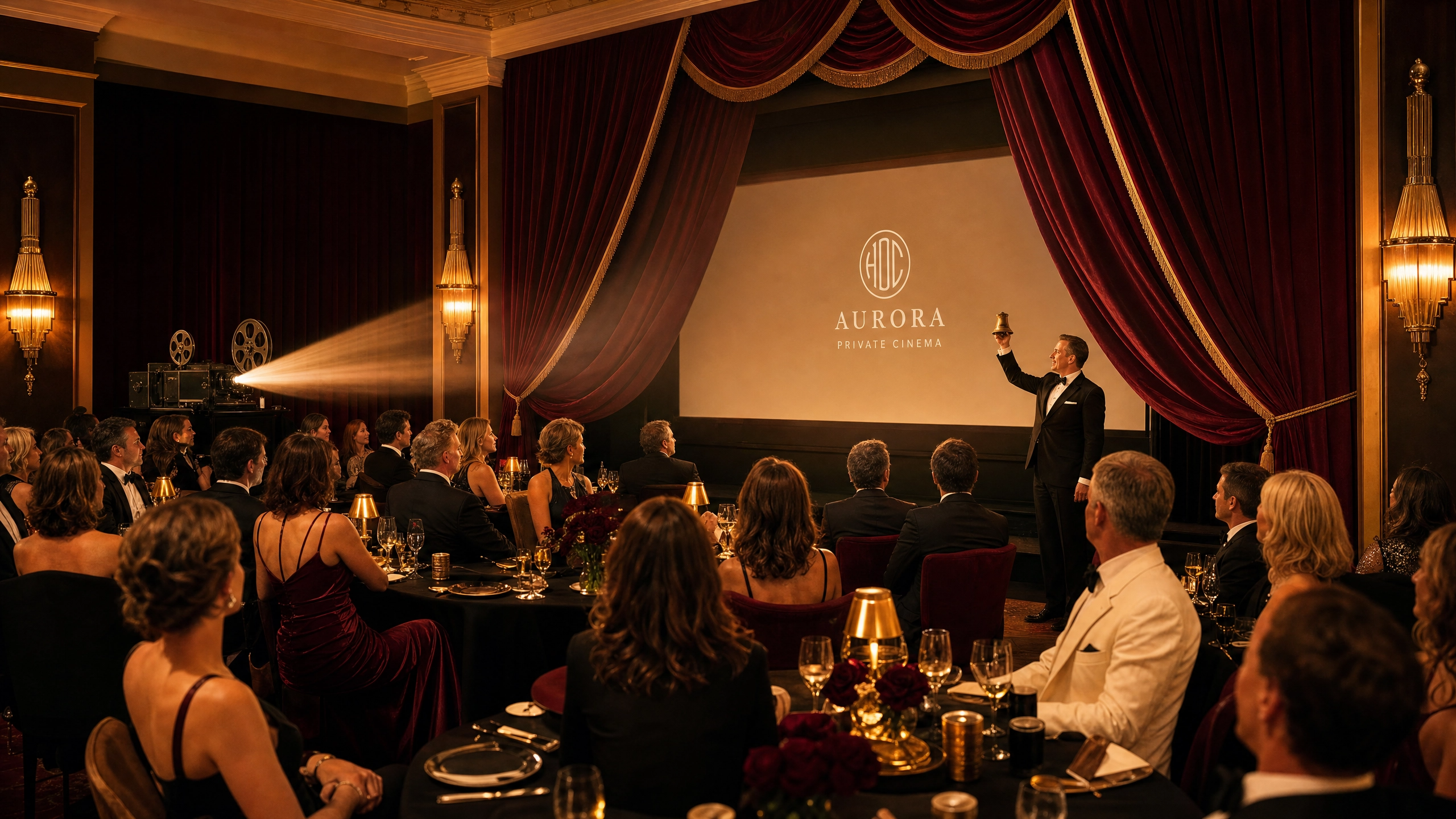 Dinner is served in a cinematic setting before the screening begins.