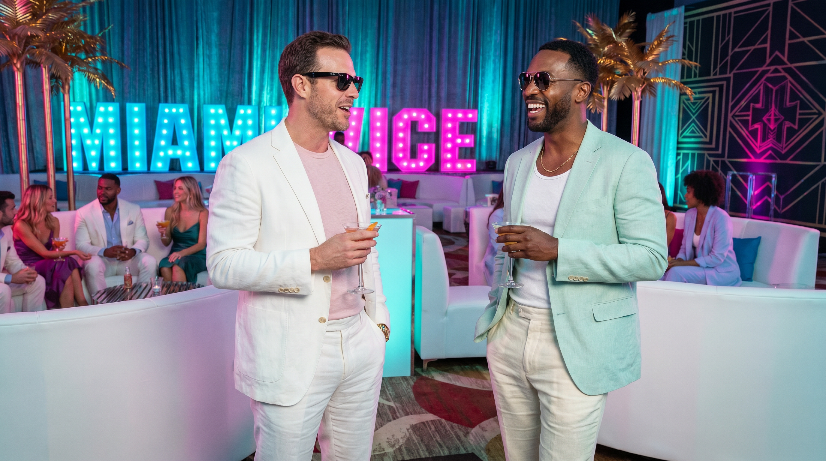 Relaxed tailoring defines the men's fashion of 1984 Miami.