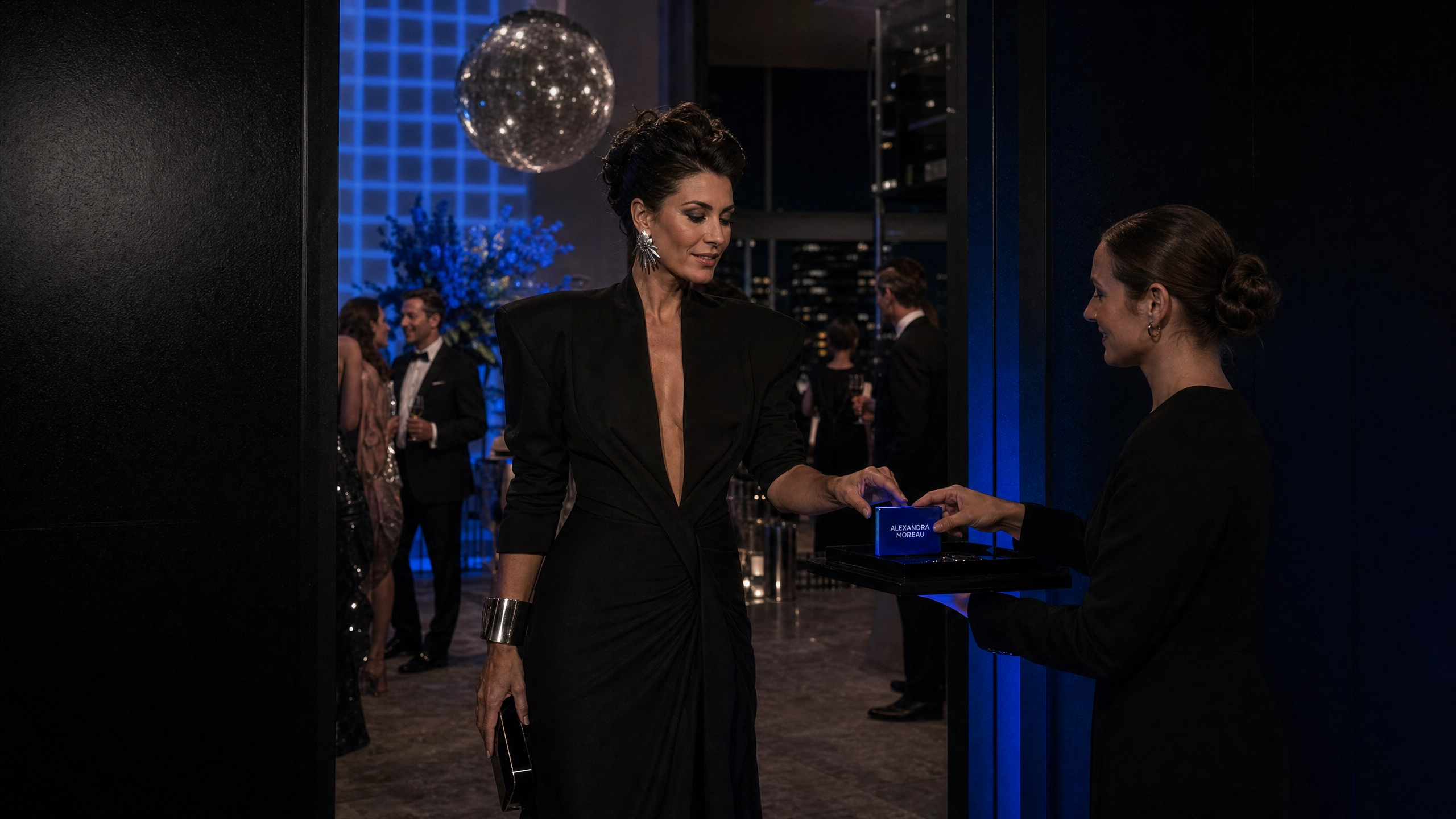 Guests are greeted at the penthouse entrance with a warm welcome before the evening begins.