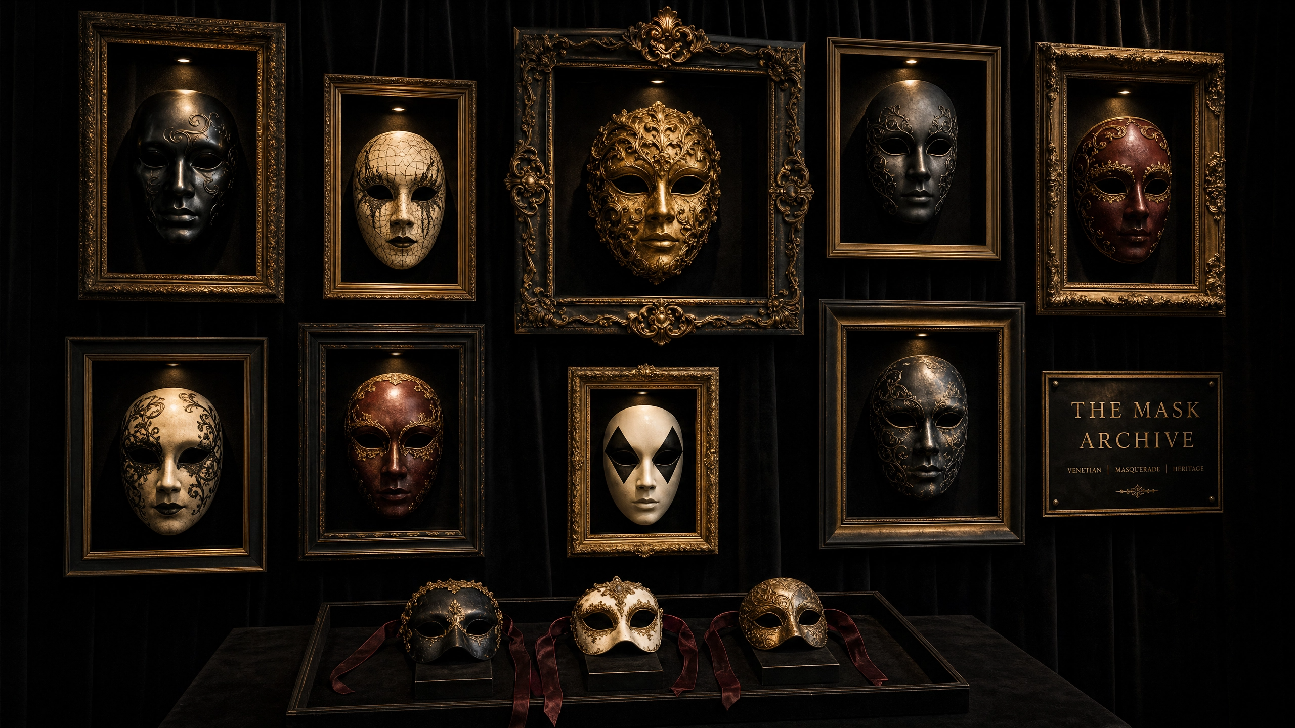 The Mask Archive displays a curated collection inspired by classic masquerade traditions.