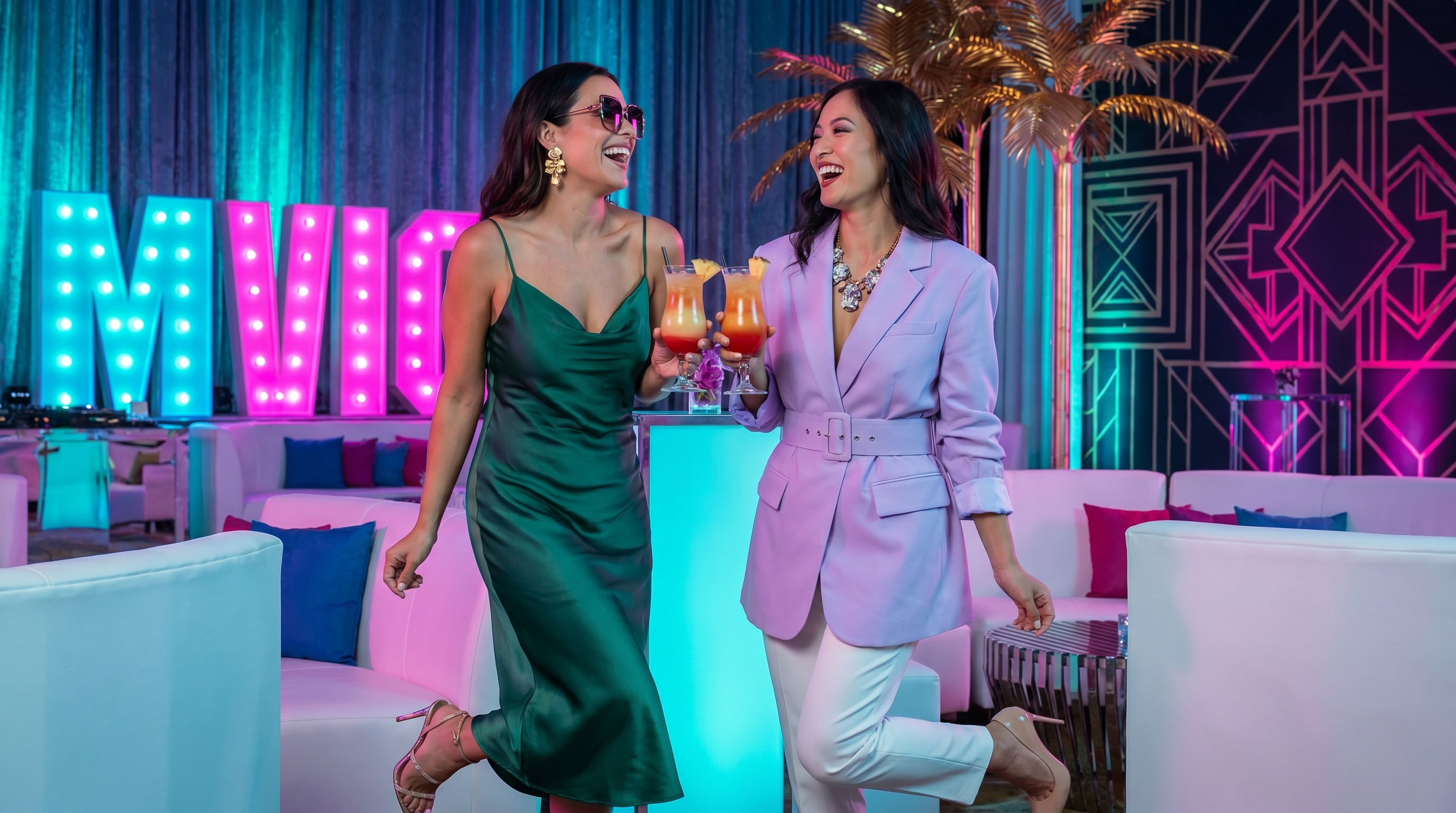 ‘80s South Beach style comes to life through bold silhouettes and statement accessories.