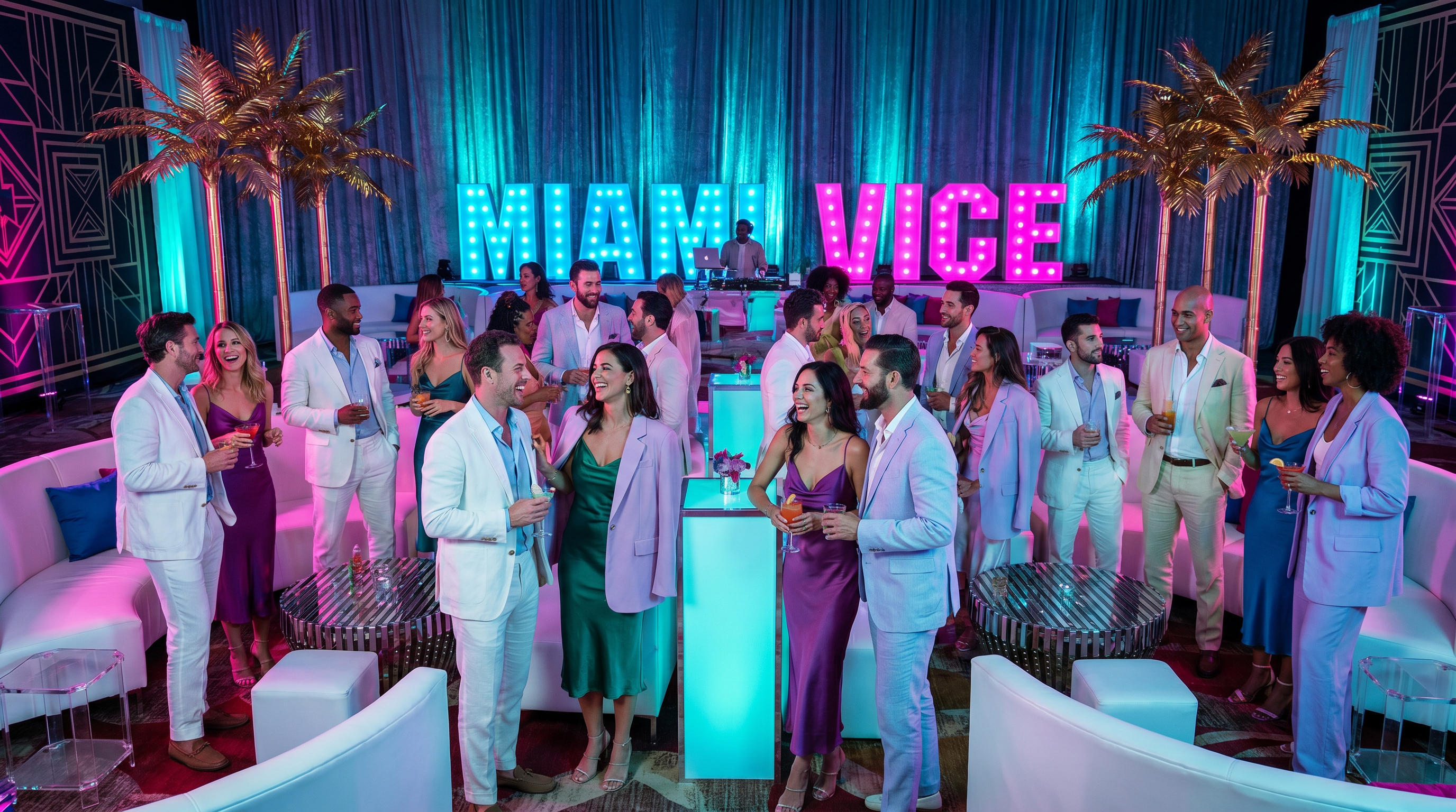 Gold palm trees and neon lighting transform the venue into 1980s Miami.