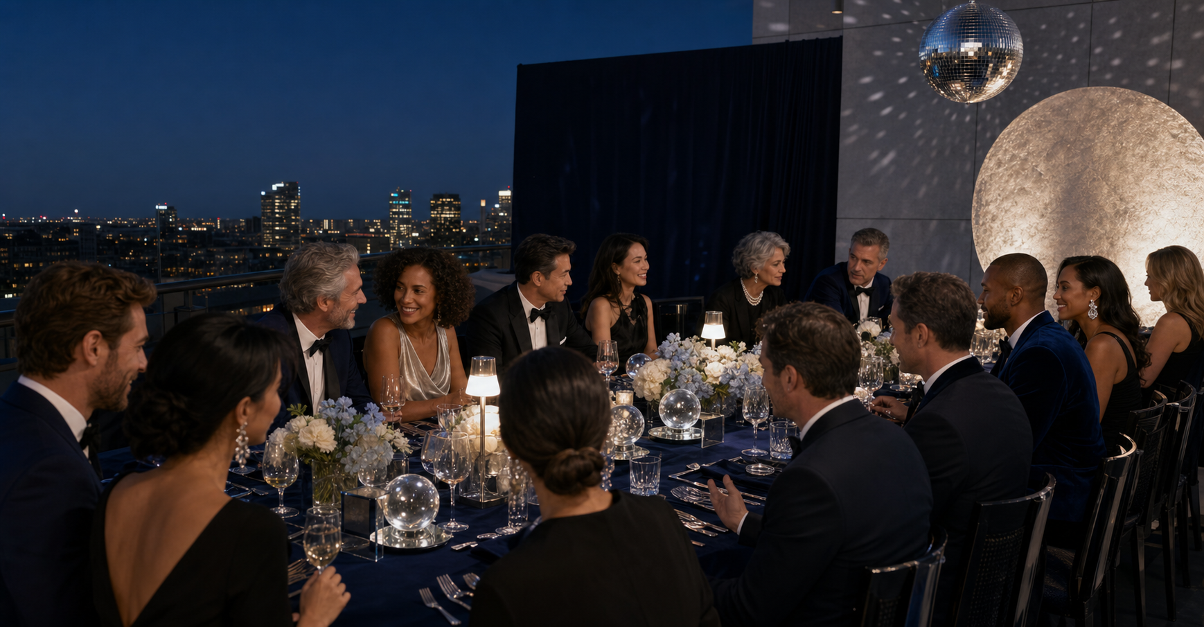 The Lunar Society Long Table brings honored guests together beneath a moon backdrop.