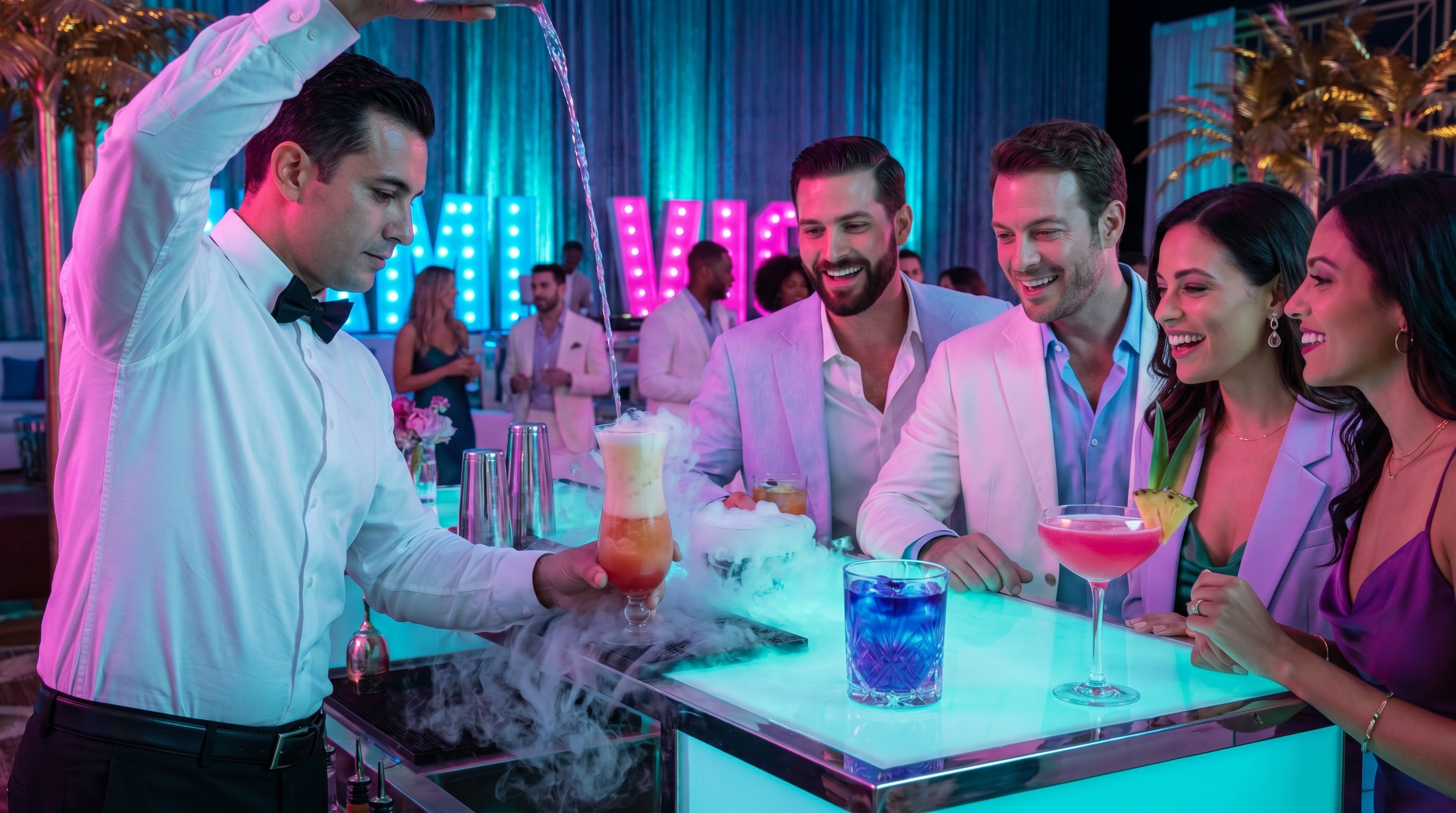 Signature cocktails are prepared by the Neon Bar.