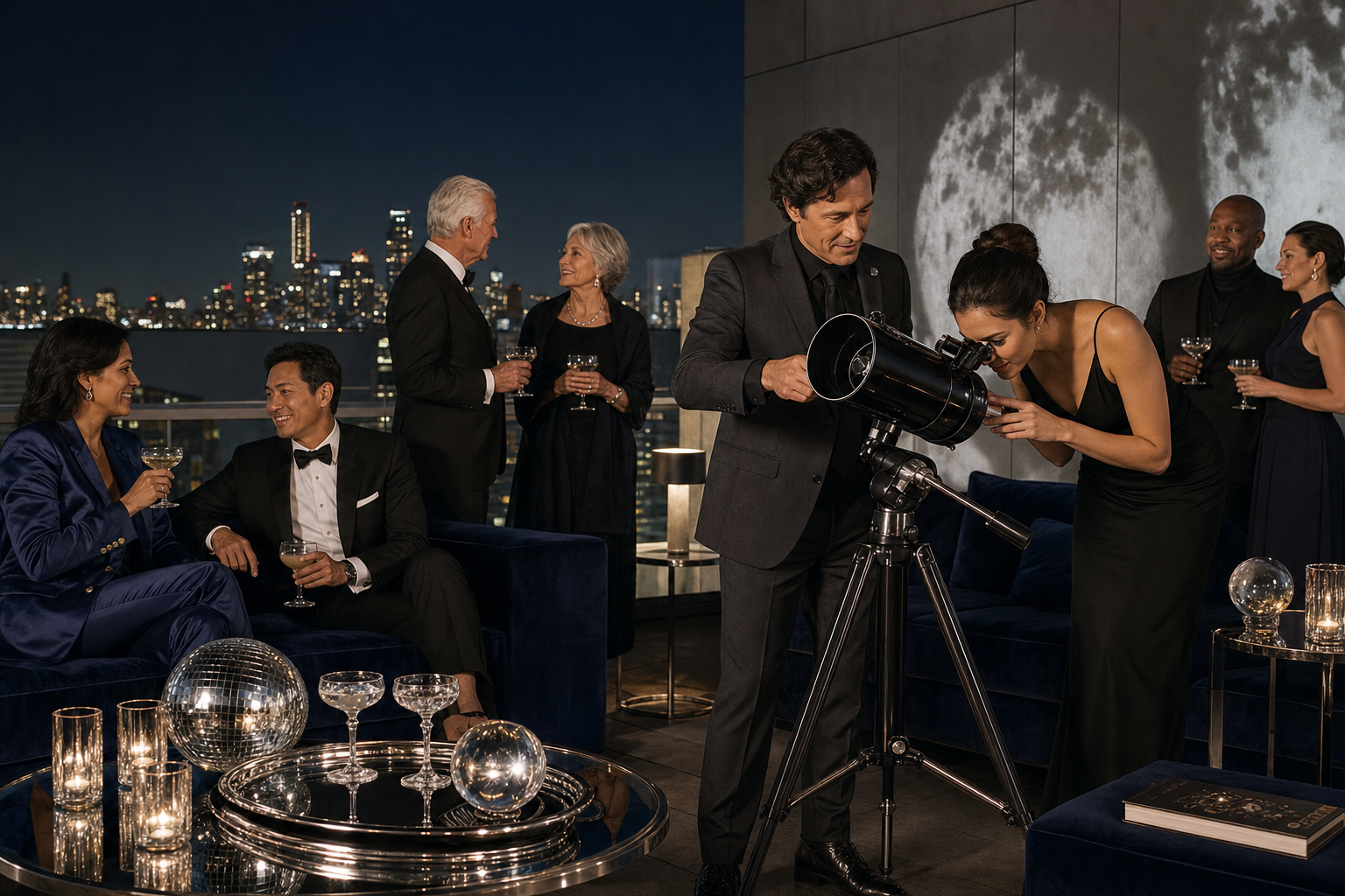 Blue velvet lounges provide a relaxed setting for guests to gather before dinner.