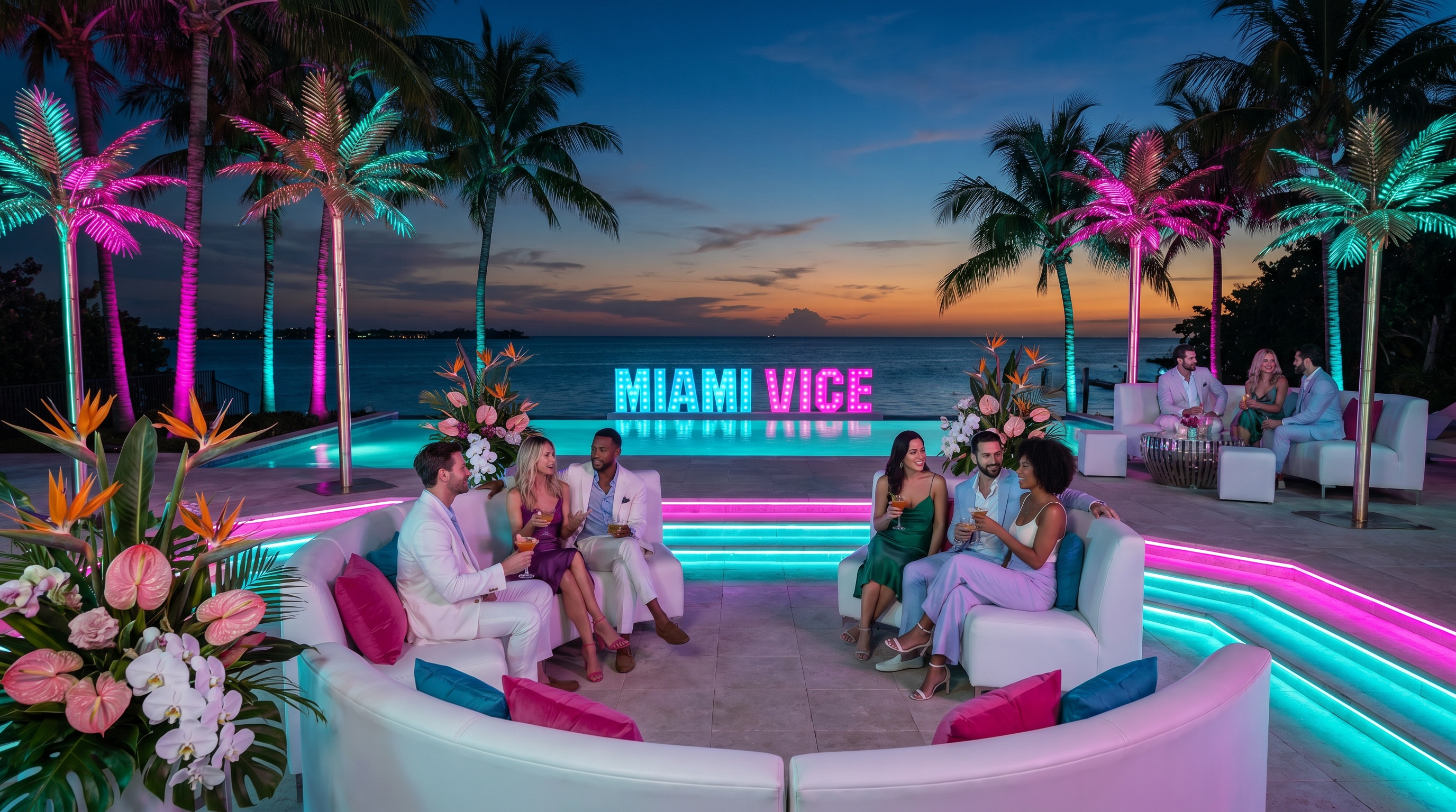 The infinity pool creates a striking backdrop for the evening's terrace lounge.