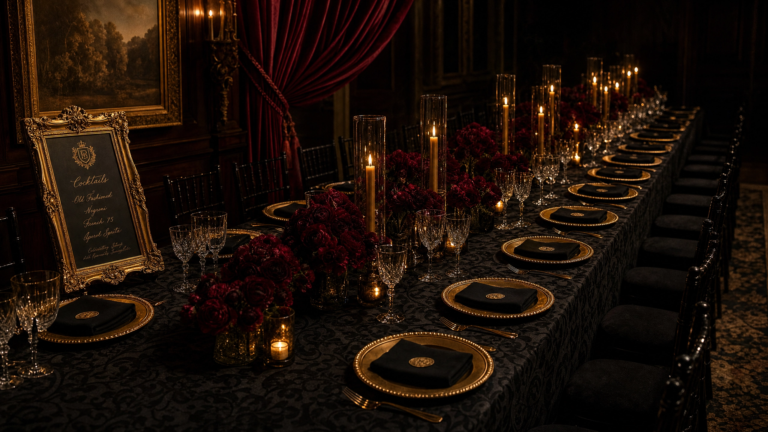 The Grand Table is thoughtfully styled for the evening's candlelit supper.